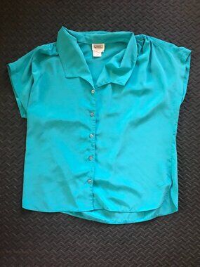VINTAGE CAMPUS CASUALS AQUA BLUE SHORT SLEEVE BOXY BLOUSE SIZE 38